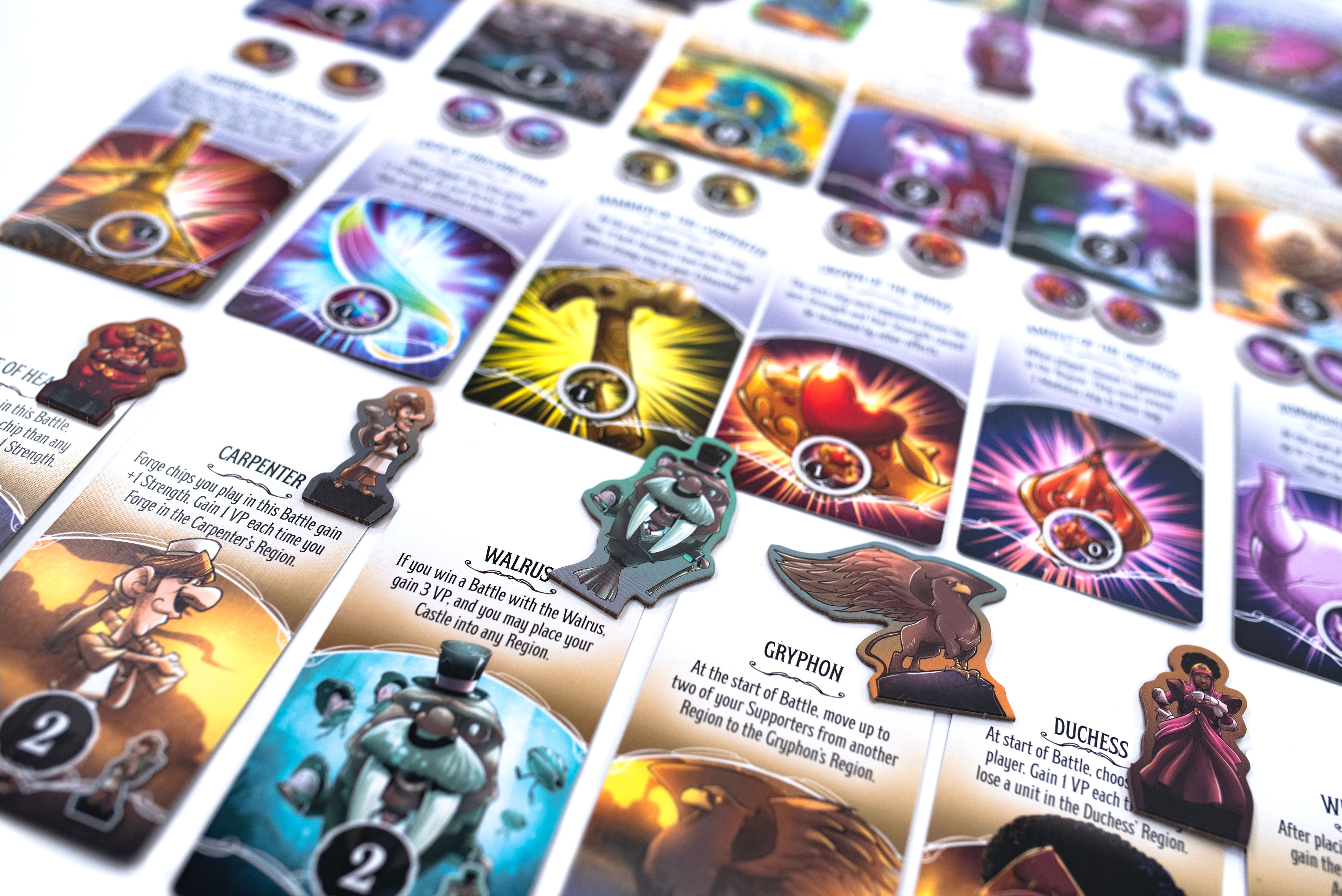 Wonderland's War item and Wonderlandian cards with matching tokens spread out across table