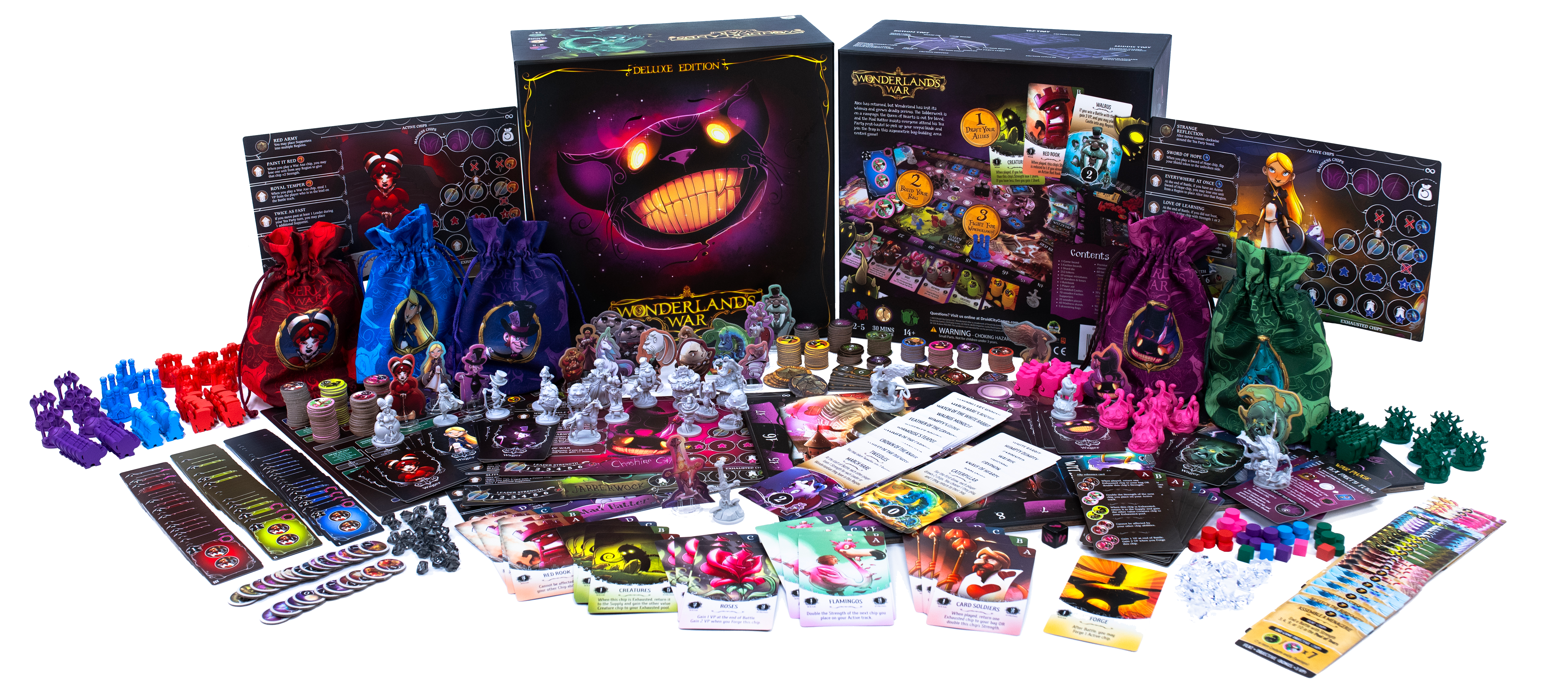 Complete spread of Wonderland's War Deluxe Edition, including miniatures, cards, and upgraded components