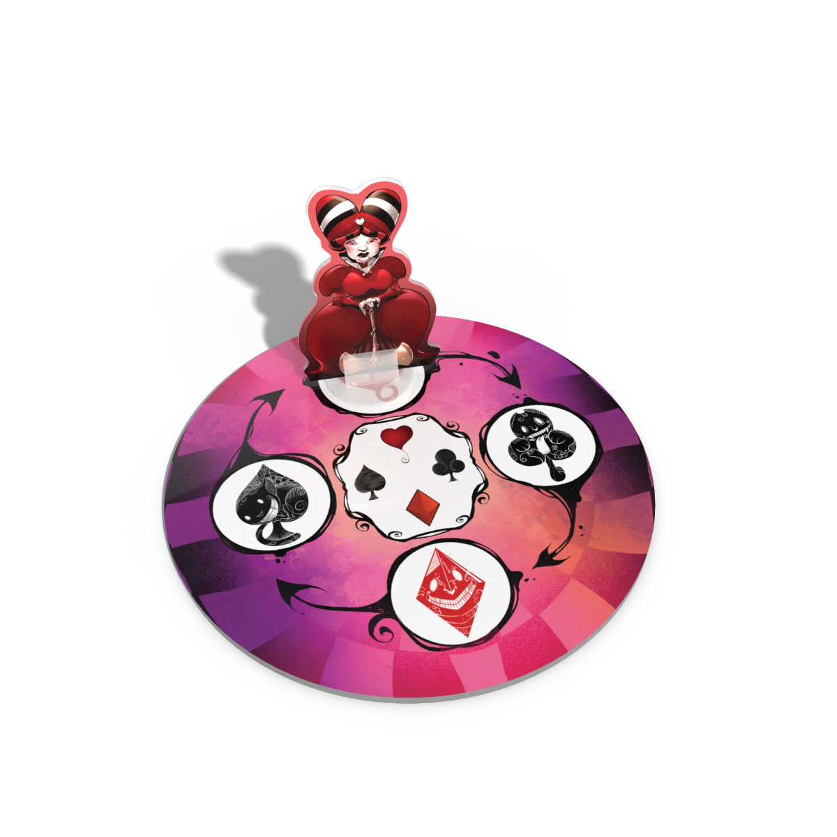 The Queen of Hearts piece, sitting on a circular small board with card suits on four points around the circle. 