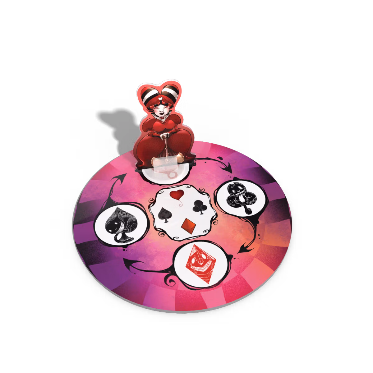 The Queen of Hearts piece, sitting on a circular small board with card suits on four points around the circle.